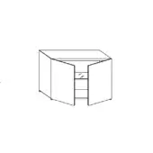 Sideboard, schematic drawing, rectangular form, corner design with doors and three open shelves, black lines on white background.