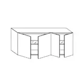 Sideboard, black and white line drawing, curved front with folding doors and shelving, rectangular shape, angled top, technical illustration.