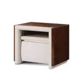 Dark brown wood nightstand with cream leather upholstery, rectangular shelf, glass drawer, and gold trim detailing, studio shot.
