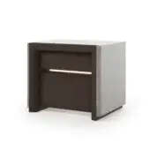 Modern nightstand, light gray concrete and dark brown leather, geometric two-drawer cube design with recessed top.