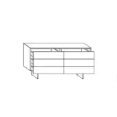 Dresser line drawing, black and white, rectangular form with six drawers and inverted V-shaped legs, minimalist modern design.