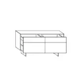 Dresser with legs, black line drawing, rectangular form with angled edges, three drawers left, cabinet doors right, minimalist design.