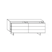 Dresser line drawing, black and white, rectangular form with three drawers, recessed pulls, and angled legs, minimalist design.