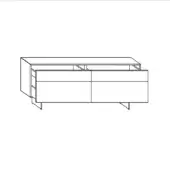 Materia dresser with legs, black and white line drawing, rectangular form, four wide drawers, tapered angled legs, minimalist design.