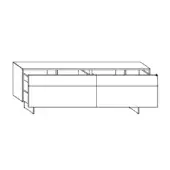 White dresser with angled legs, featuring three drawers left and two cabinet doors right, horizontal paneling detail.