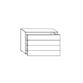 Dresser line drawing, white background, rectangular form with four drawers and upward-extending central pull, minimalist aesthetic.