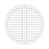 Circular wood shutter with horizontal slats and a vertical mullion, featuring a smooth matte finish and rounded frame.