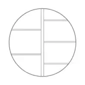 Circular geometric graphic with eight rectangular sections, black lines on white, minimalist composition, symmetrical grid structure, even lighting.