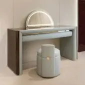 Distinguished Turri Madison vanity with light blue-grey leather interiors and gold metal details in a dark wood-like shell finish