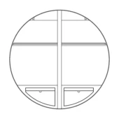 Tao bar cabinet schematic, black lines on white, circular design with four shelves, vertical partition, curved base compartments, technical blueprint.