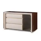 Dark wood credenza with three cream drawers, gold pulls, and a glass-front compartment displaying gray shelves against a white backdrop.