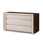 Dark wood chest of drawers with cream leather-faced drawers and gold metal pulls, rectangular shape, walnut finish.