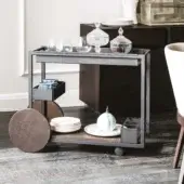 Superior Cattelan Italia Brandy trolley with a geometric graphite lacquered steel frame and dark wooden trays with circular wheel accents