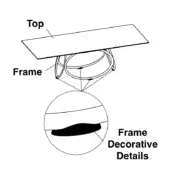Console table technical drawing, metal frame, rectangular top, circular intertwined bands, decorative curved detail, minimalist design.