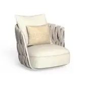 Modern armchair with light beige textured fabric seat and gray rope woven back, supported by a white metal frame.