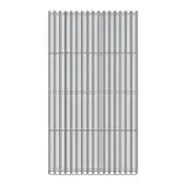 Architectural facade with vertical rectangular elements, light-colored metal construction, layered design, grid pattern, and minimalist aesthetic.