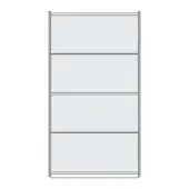Bookcase, light gray metal, rectangular frame with four evenly spaced shelves, minimalist design, product shot with text “bay – model b1”.