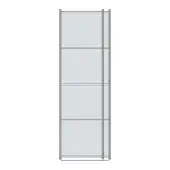 Shelving unit, light gray metal frame, minimalist design with four shelves filled with light gray fabric, vertical support detail, model A2.