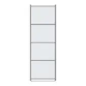 Four-shelf bookcase with light metal frame, translucent rectangular shelves, minimalist design, labeled “bay – model a1” in sans-serif font.