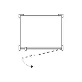 Retractable projector screen, white surface, black metal frame, rectangular shape, rolled-up position shown with deployment arrow.