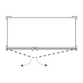 Retractable projection screen, white with gray frame, showing extended and retracted positions in a technical diagram.