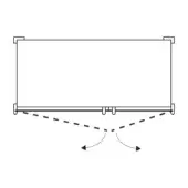 Projection screen diagram showing white rectangular screen, roller mechanism, and dashed movement lines against a white background.