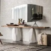 Distinguished Cattelan Italia Rapa Nui console with a live-edge wood top and matte white asymmetrical pedestals crafted in solid wood with a matte finish