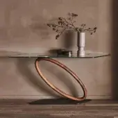 Superior Cattelan Italia Tour console with a transparent glass top and sculptural brown wood oval ring base