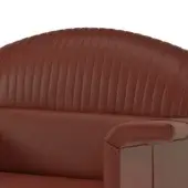 High-back chair, reddish-brown leather, vertically quilted backrest with rounded cushioned armrests and dark structural frame.