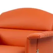 Orange leather armchair, rounded backrest, padded armrest with vertical stitching, circular button detail, studio shot.