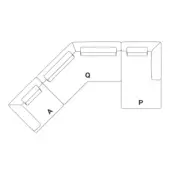 Modular sofa schematic, grayscale, L-shape configuration with labeled sections A, P, and Q, displaying rectangular cushions and fabric upholstery details.
