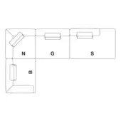 Modular sofa diagram showing light gray fabric sections labeled N, G, S, B, with corner, rectangular, and armless module configurations.