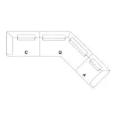 Modular sectional sofa line drawing, L-shape configuration, labeled components C, Q, A, technical diagram, white background.