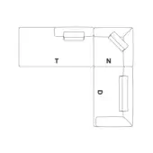 Modular sectional sofa line drawing, fabric upholstery, three components labeled T, N, and D, contemporary design, clean edges.