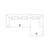 Sectional sofa, light gray fabric, L-shape with labeled “E” and “P” sections, rectangular cushions, minimalist design, top-down studio view.