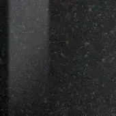 Black granite surface with dense speckled pattern, polished finish, vertical light reflection, and dark gray mineral inclusions creating granular texture.