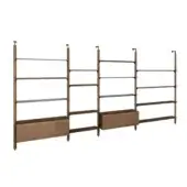 Modular shelving system, dark metal frame, walnut wood, light gray shelves, rectangular drawers, minimalist design, studio shot.