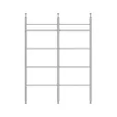 Metal shelving unit, light-colored, rectilinear design with six horizontal shelves and rounded support caps, minimalist aesthetic.