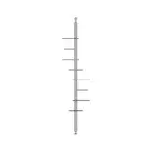 Shelving unit, brushed metal, asymmetrical design with staggered rectangular shelves extending from a central rounded pole and circular base.