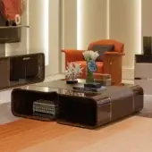 Distinguished Turri Madison coffee table with a curved silhouette and glossy brown finish, highlighted by light gold metal accents and open storage