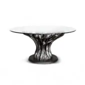 Exceptional BelMondo by Bellotti Ezio Ficus table with a sculptural dark-toned base and sleek white glass tabletop crafted with a glossy finish