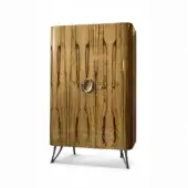 Distinctive BelMondo by Bellotti Ezio Zeus bar cabinet with light tan wood and dark brown vertical grain patterns in glossy finish
