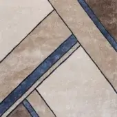 Beige and tan geometric area rug with navy blue diagonal stripes, dense pile, patchwork-inspired design, studio lighting.