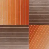 Rectangular grid graphic with orange and brown striped patterns, white linear accents, and a distressed texture creating a warm, neutral composition.