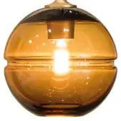 Amber glass pendant light, spherical shape, gradient tone, vintage Edison bulb, bronze socket, layered horizontal ridges, glossy finish.