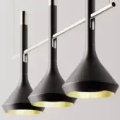 Multi-pendant light, black metal, conical shades with gold band, suspended from brushed gold rod with slender arms, studio lighting.