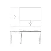 Expandable table technical drawing, black lines on white, showing tapered legs, rectangular tabletop, and adjustable panel with arrows.
