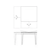 Extending table technical drawing, light wood, rectangular top with tapered legs, detailed leaf mechanism, schematic view with arrows.