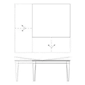 Dining table technical drawing, rectangular birch legs, matte finish, expandable tabletop, minimalist design, black lines on white background.