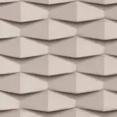 Grey geometric fabric sample with a repeating triangular pleated pattern, displaying a subtle sheen and “belmondo” branding with product codes.